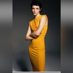 ZARA RUCHED SHOULDER PAD MIDI DRESS